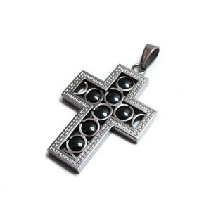 Stainless Steel Cross with Hematite Beads and Greek Key Border